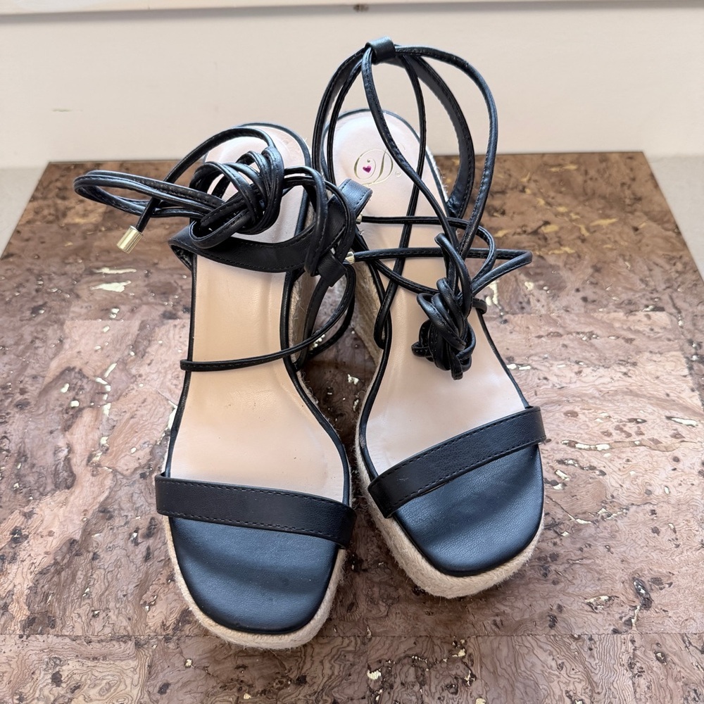 Sassy Black Strappy Sandals with Stacked Roped Wedge Heels by D 💖 - Picture 2 of 5